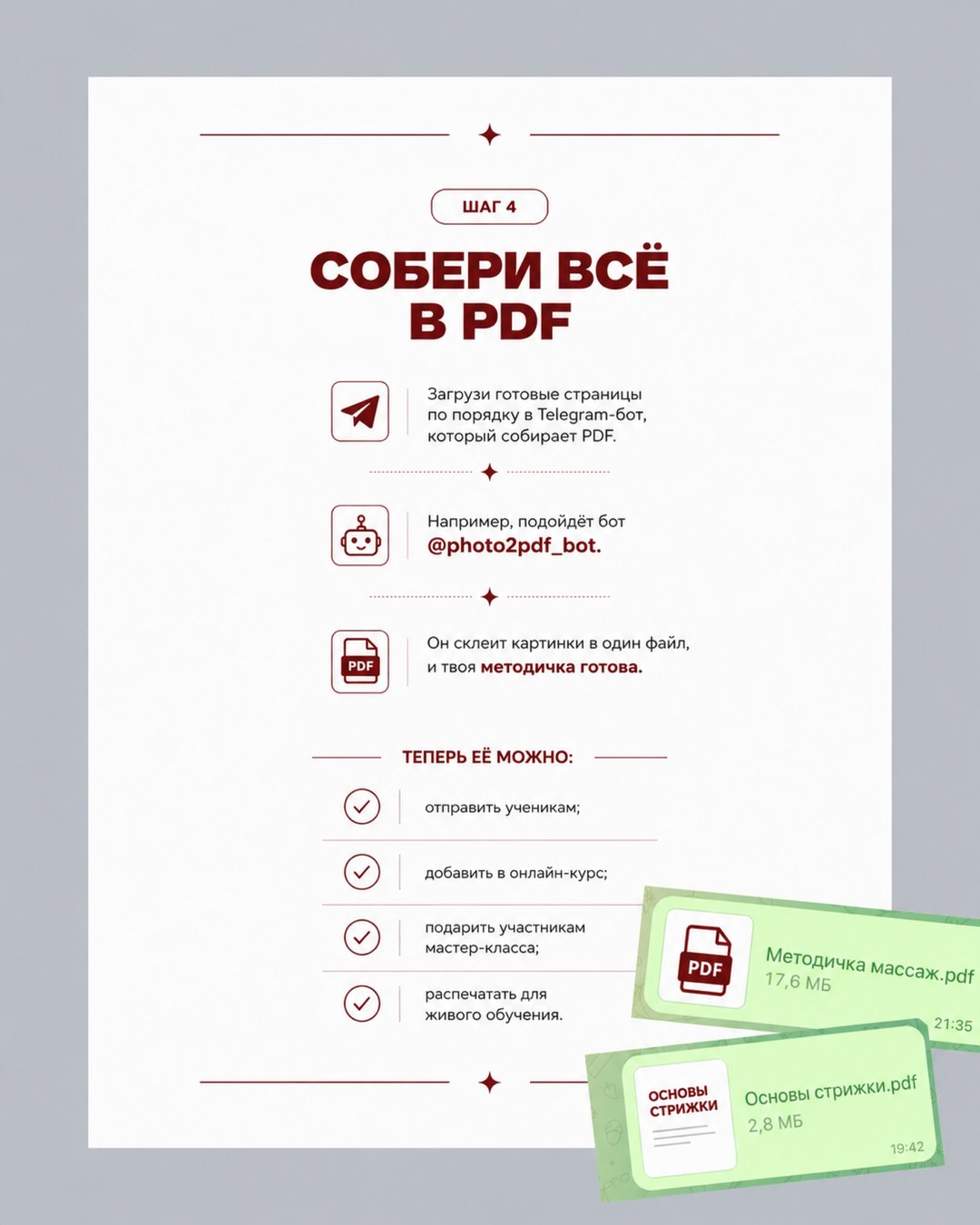 Слайд «Шаг 4. Собери всё в PDF» с ботом @photo2pdf_bot и списком, куда отправить готовую методичку