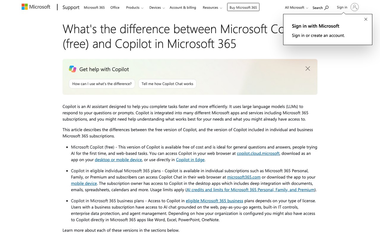 Страница поддержки Microsoft о разнице между бесплатным Copilot и Copilot в Microsoft 365