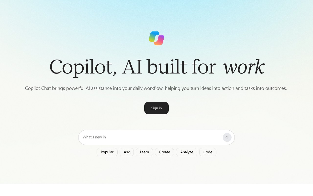 Стартовый экран бесплатного Microsoft Copilot с полем «Ask Copilot» на новом адресе