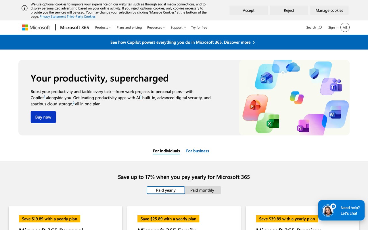 Страница сравнения тарифов Microsoft 365 Personal, Family и Premium с ценами
