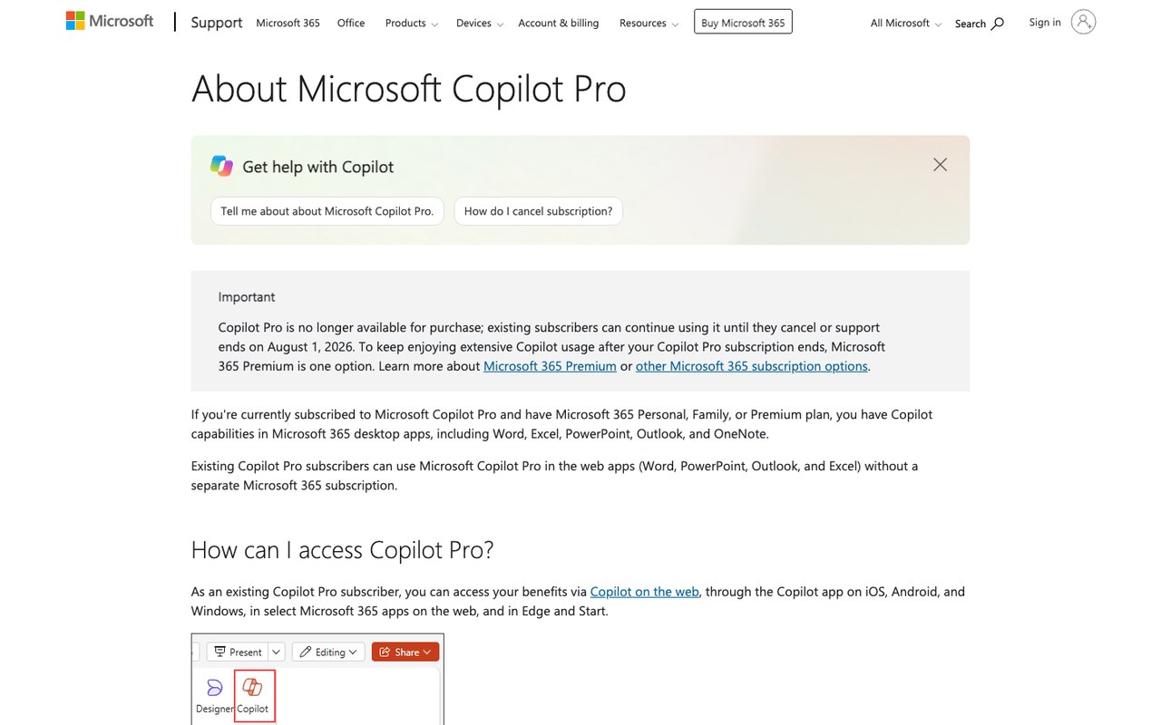 Страница поддержки Microsoft About Copilot Pro о прекращении продаж подписки