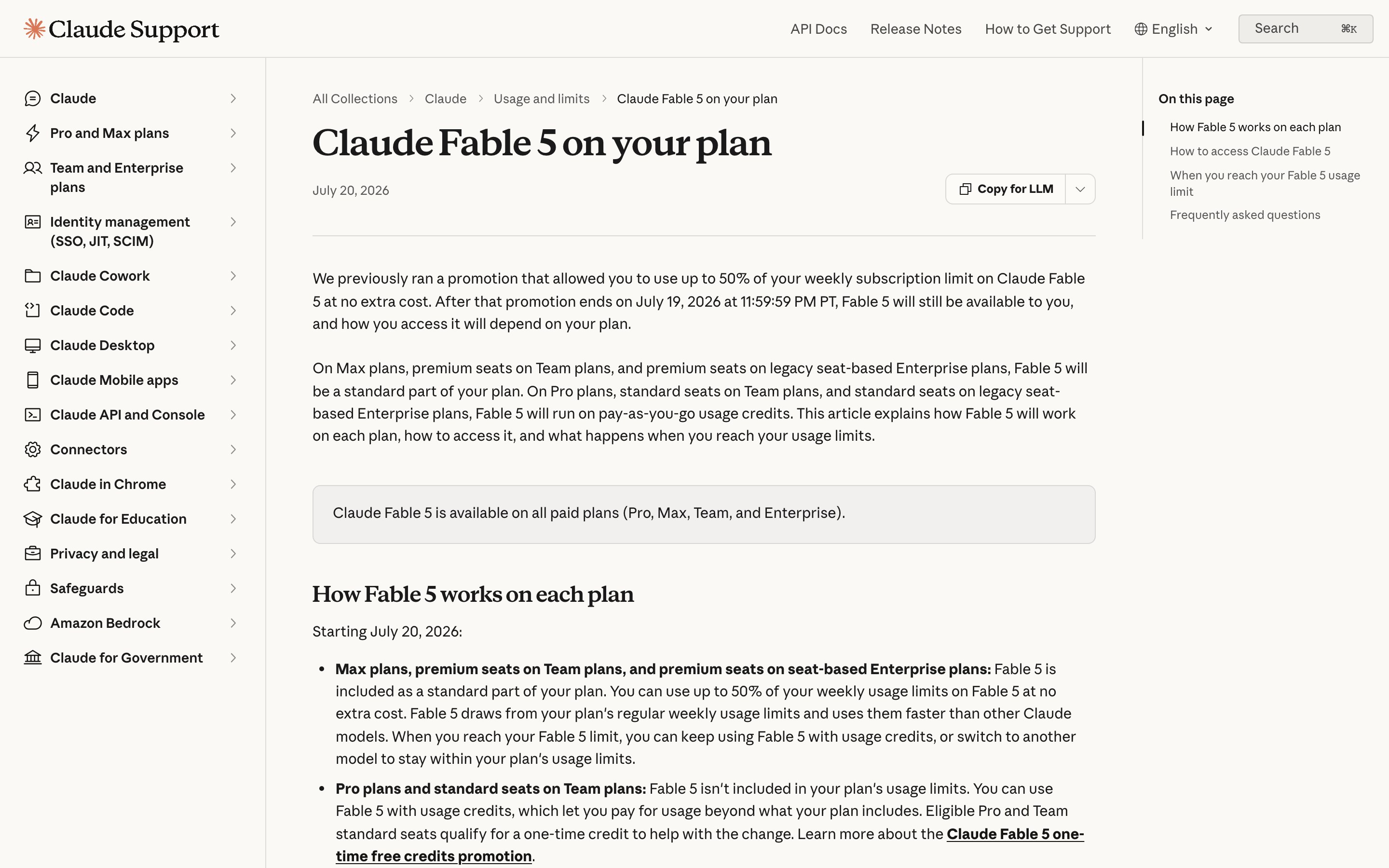 Страница справки Anthropic о доступности модели Fable 5 на разных планах