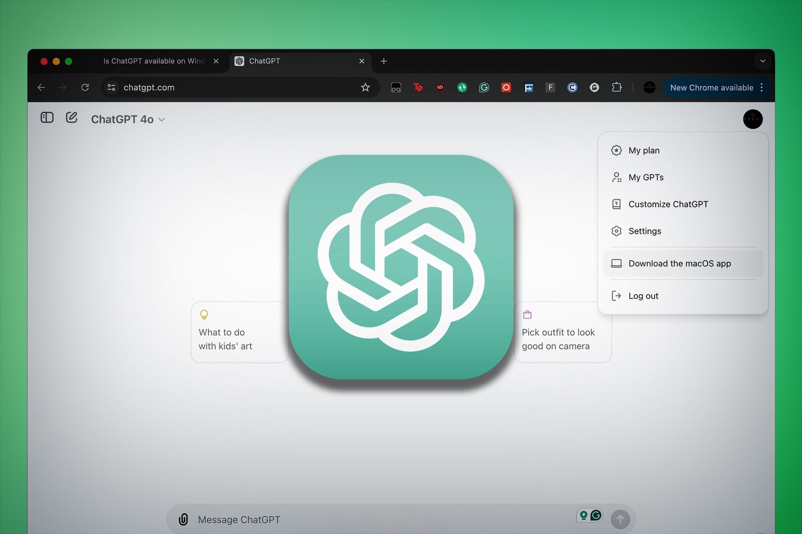Меню профиля на chatgpt.com с пунктом Download the macOS app для установки десктоп-приложения