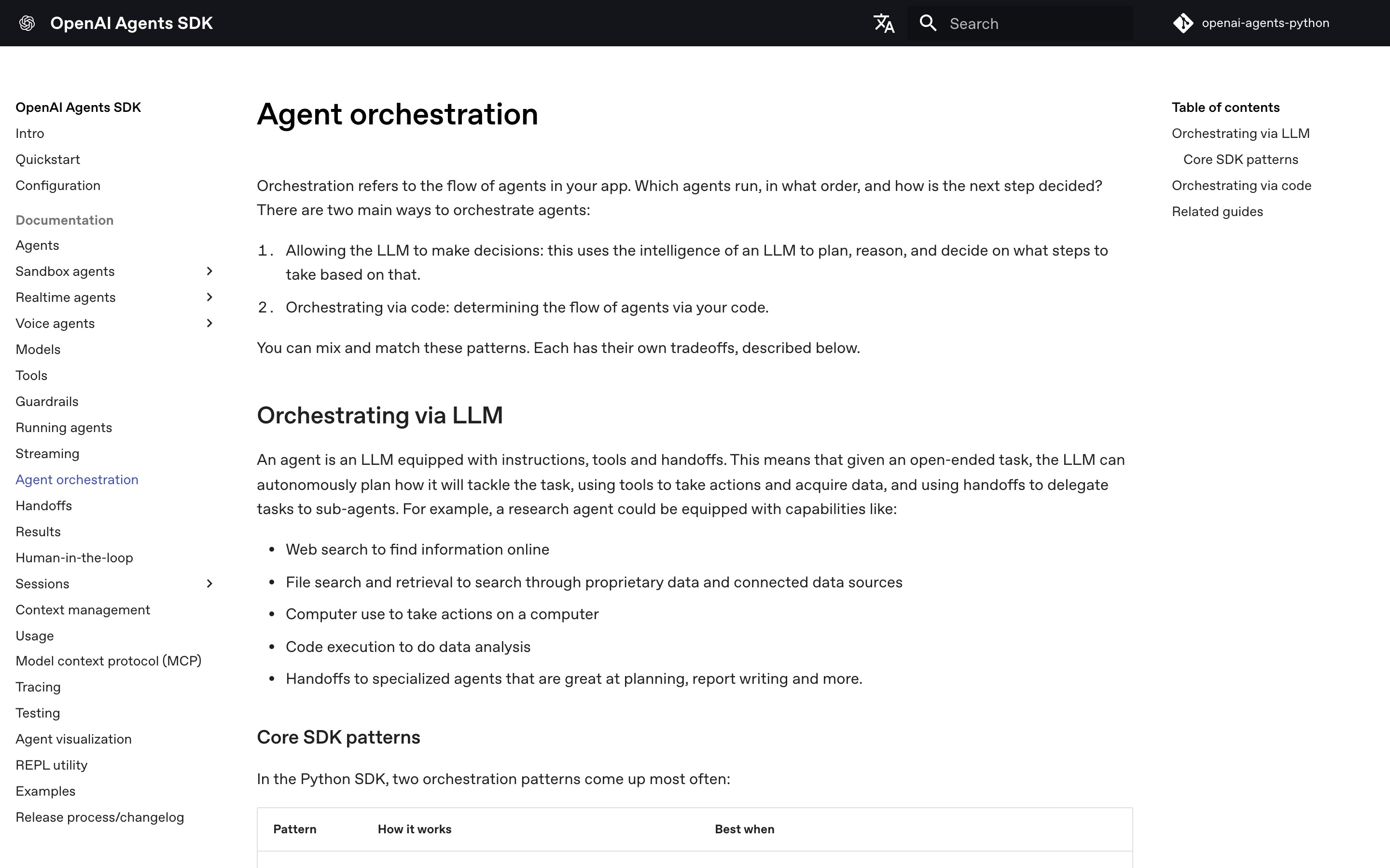 Страница Agent orchestration в документации OpenAI Agents SDK: два способа управлять потоком агентов