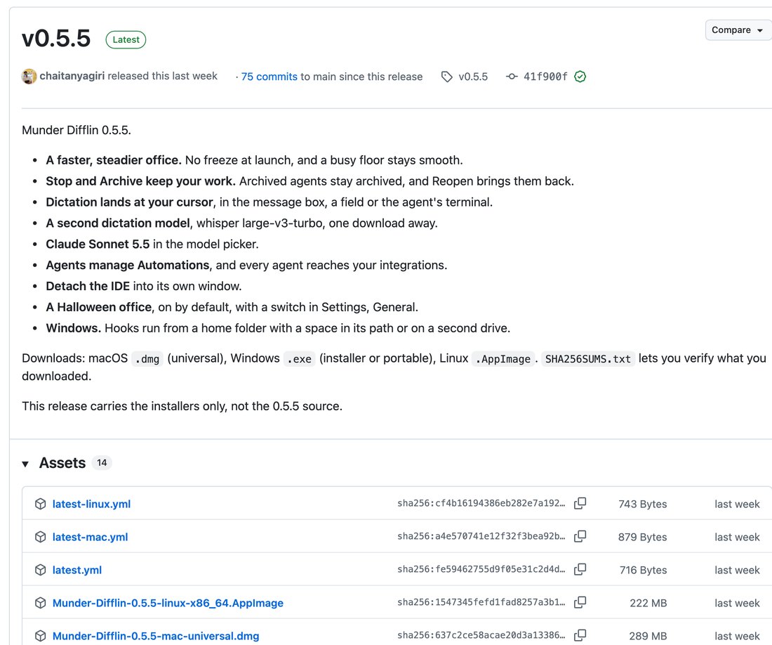 Список файлов релиза v0.5.5 с контрольными суммами и пометка автора, что в релизе только установщики