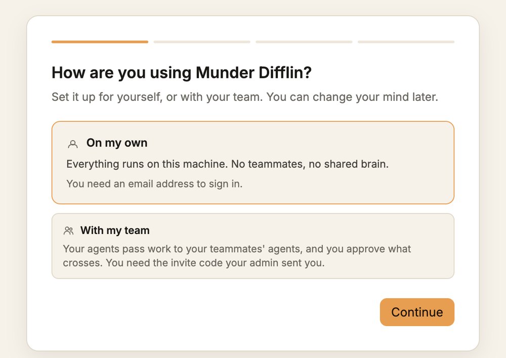 Первое окно Munder Difflin: выбрана карточка On my own, под ней строка You need an email address to sign in