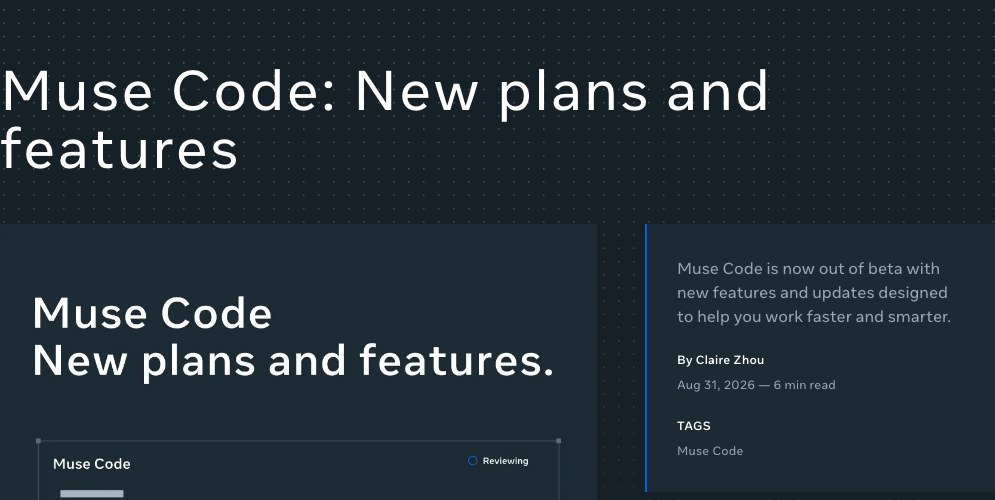 Официальный блог Meta от 31 августа 2026 года: заголовок New plans and features и строка Muse Code is now out of beta
