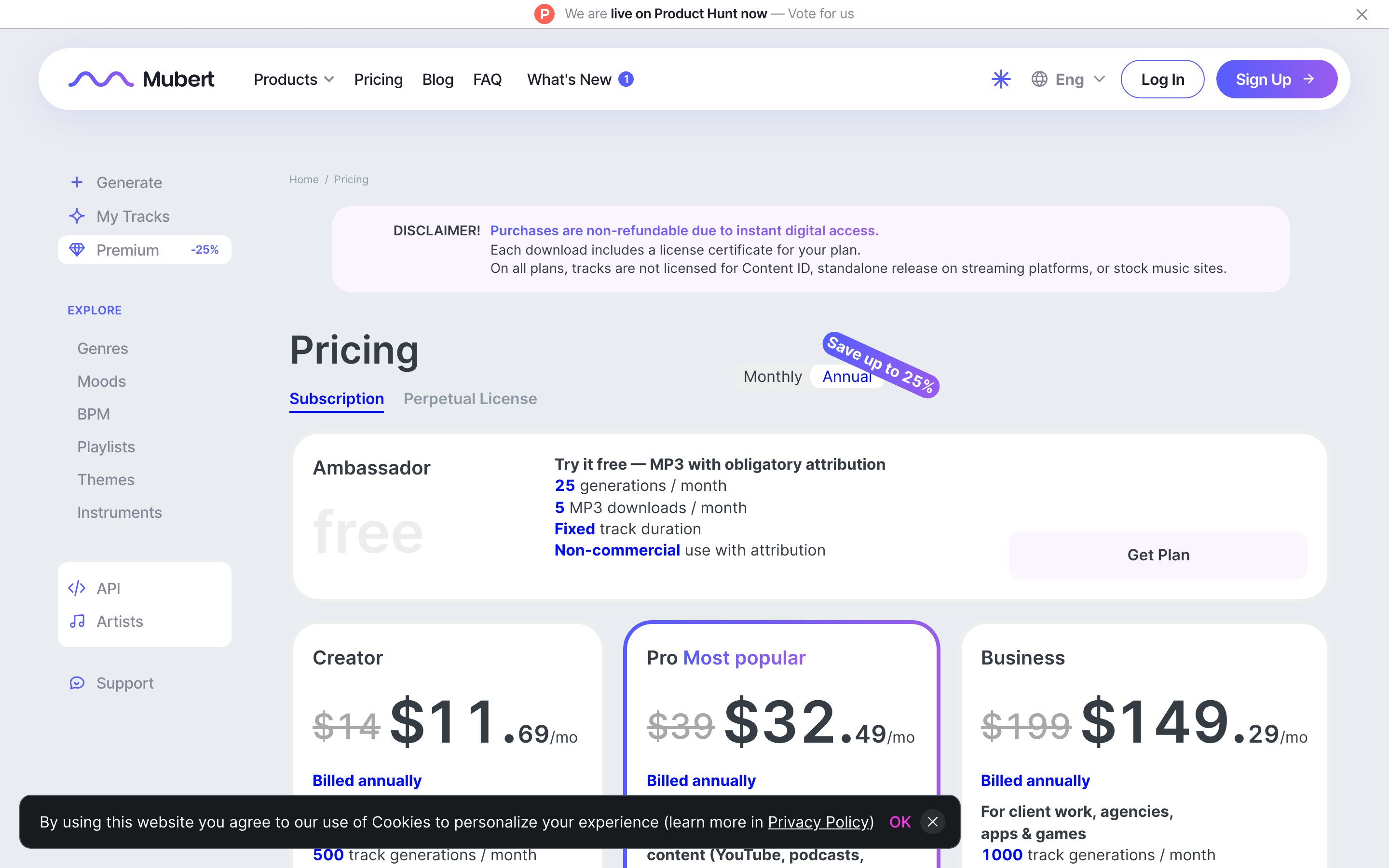 Тарифы Mubert: Creator 11.69 доллара без коммерции, Pro 32.49 доллара с коммерческой лицензией