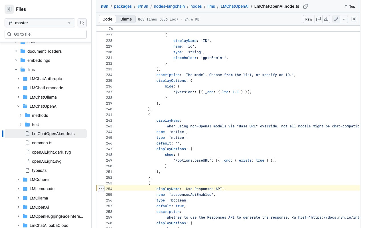 Исходник ноды OpenAI Chat Model на GitHub, строки 254-257: переключатель со значением default true