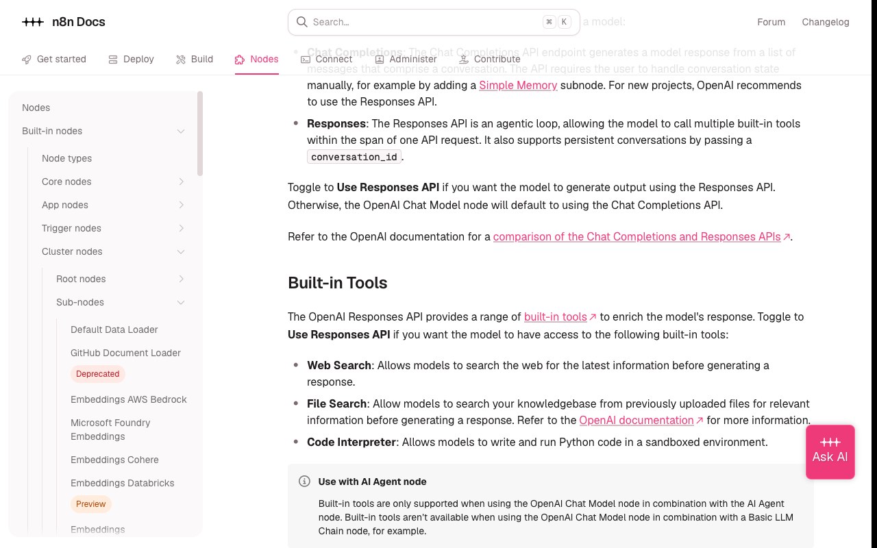 Справка n8n о переключателе ноды OpenAI Chat Model: по умолчанию нода будто бы работает через Chat Completions