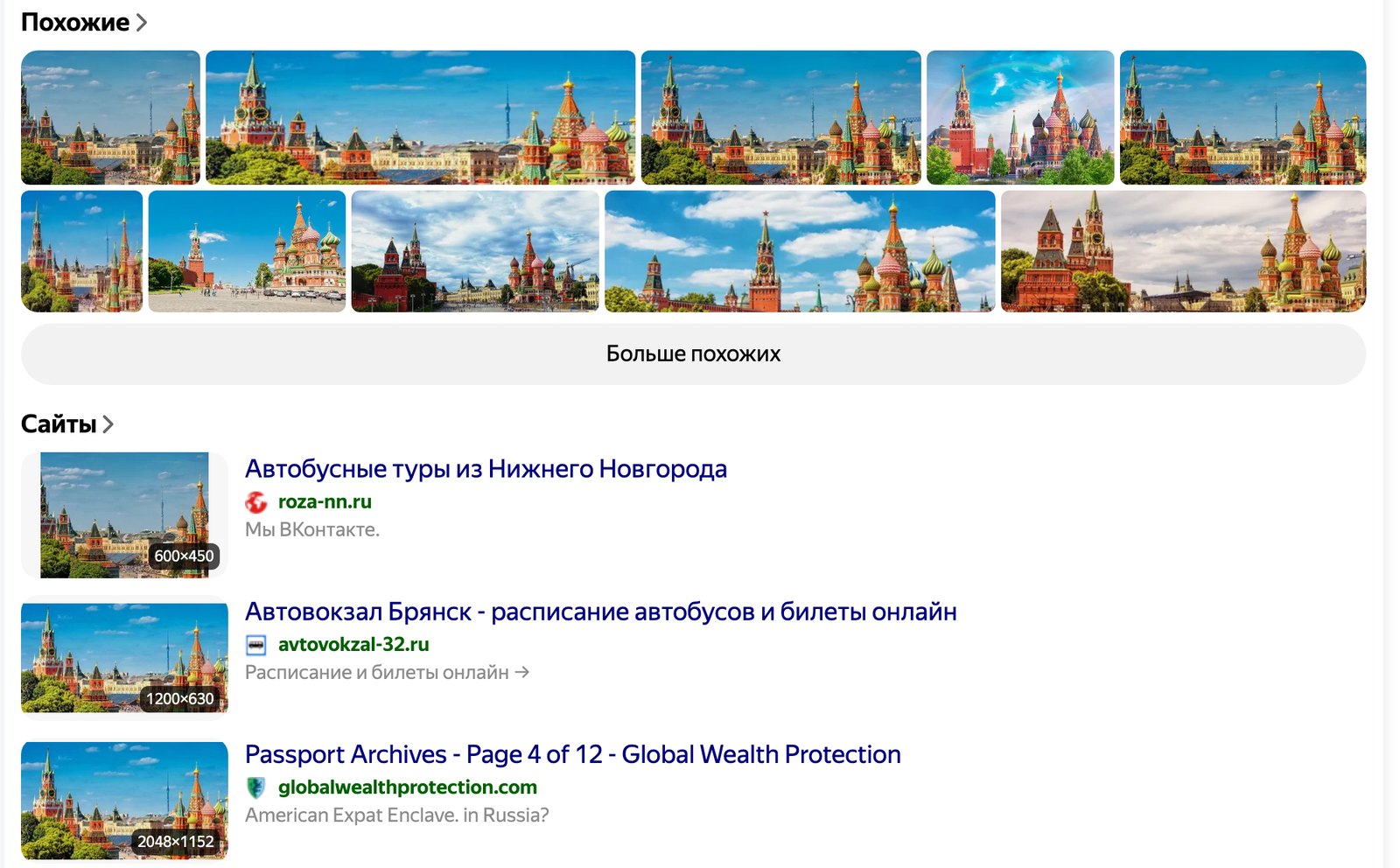 Блоки «Похожие» и «Сайты» в Яндекс Картинках: под «Сайтами» заголовки страниц, адреса и размер найденной копии