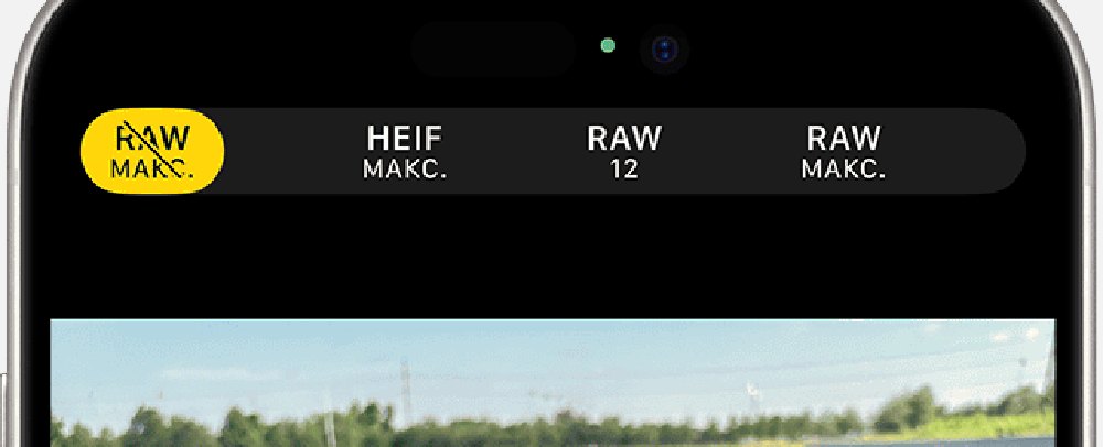 Верх экрана «Камеры» iPhone: ряд выбора формата RAW МАКС., HEIF МАКС., RAW 12 и RAW МАКС.