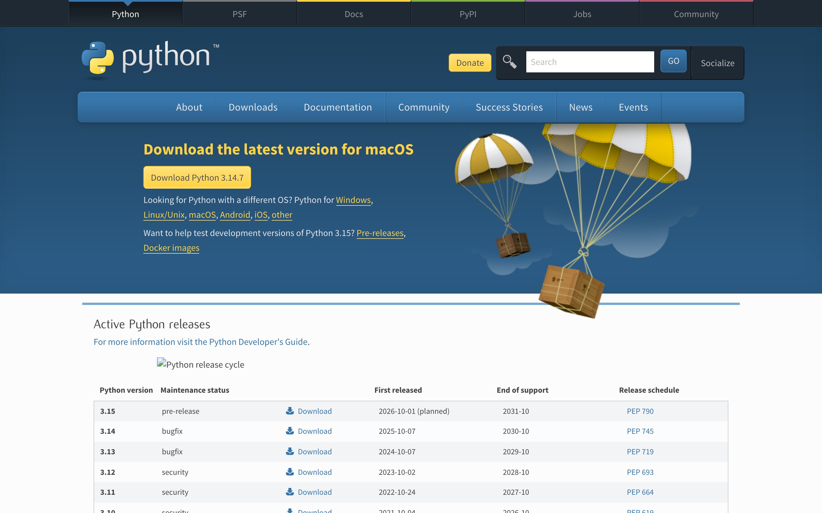 Страница загрузок python.org: жёлтая кнопка с номером версии и таблица активных выпусков ниже