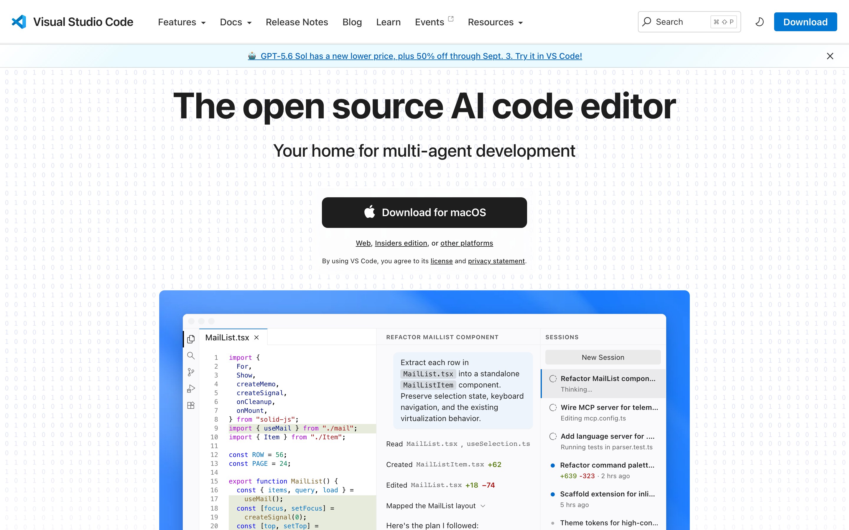 Первый экран code.visualstudio.com с чёрной кнопкой загрузки редактора под систему посетителя