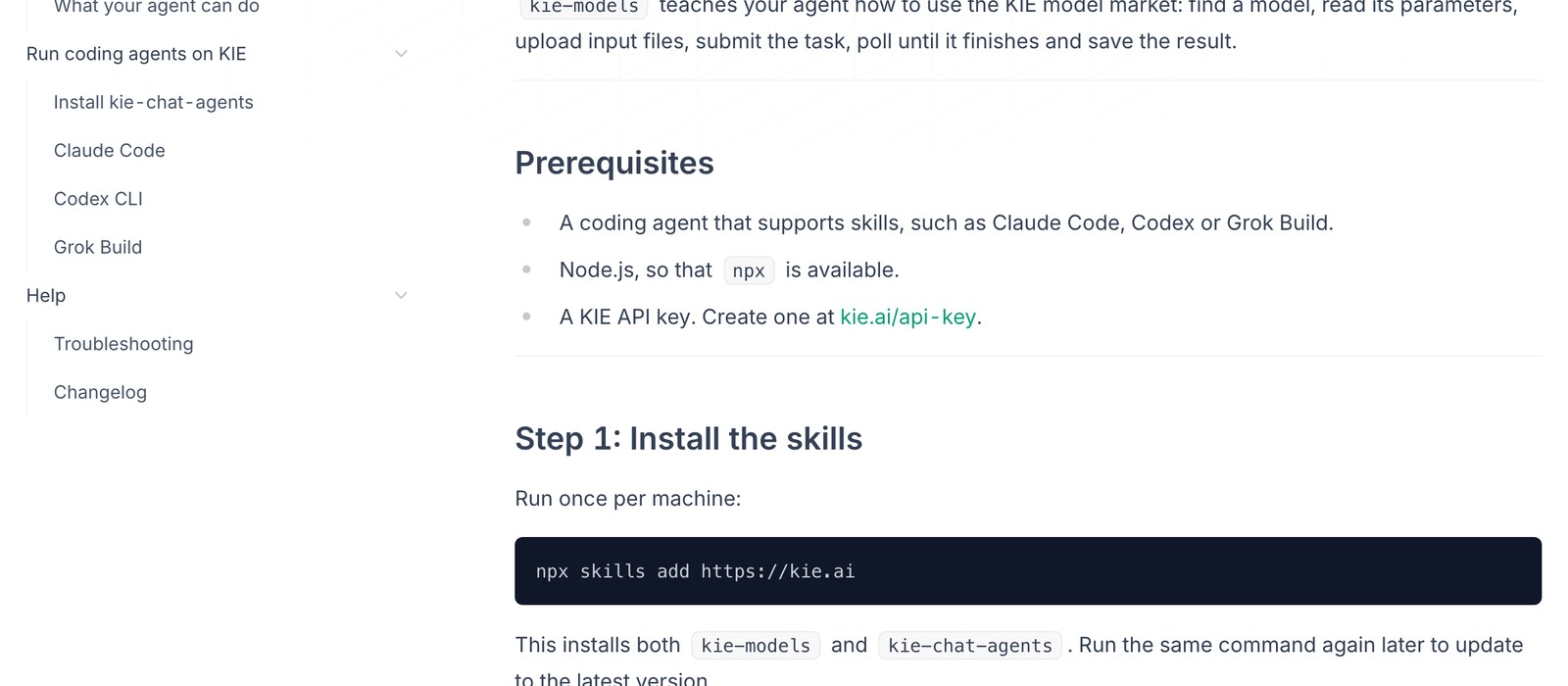 Блок Prerequisites и Step 1 в документации kie.ai: Claude Code, Node.js, ключ и команда npx skills add