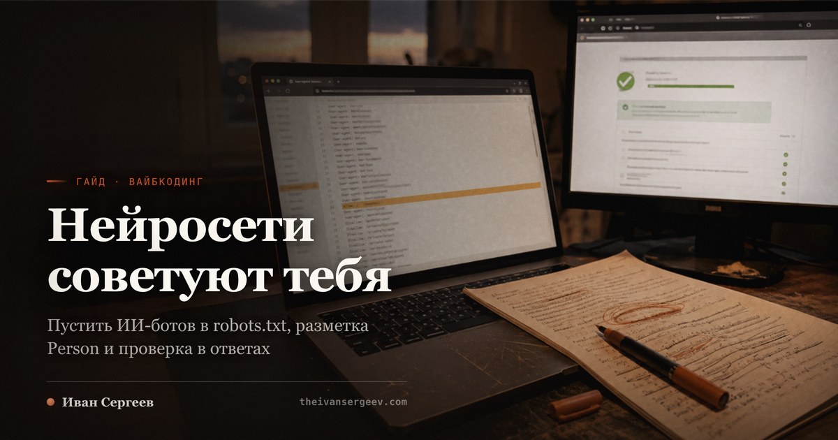 Два экрана на столе: на ноутбуке список строк конфига с подсвеченной строкой, на мониторе отчёт с зелёной галочкой