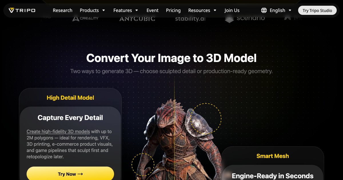 Главный экран Tripo: заголовок Convert Your Image to 3D Model и фигура существа, наполовину показанная каркасной сеткой