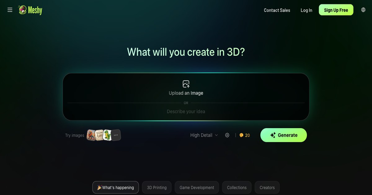 Главный экран Meshy: поле Upload an Image, режим High Detail с ценой 20 кредитов и зелёная кнопка Generate