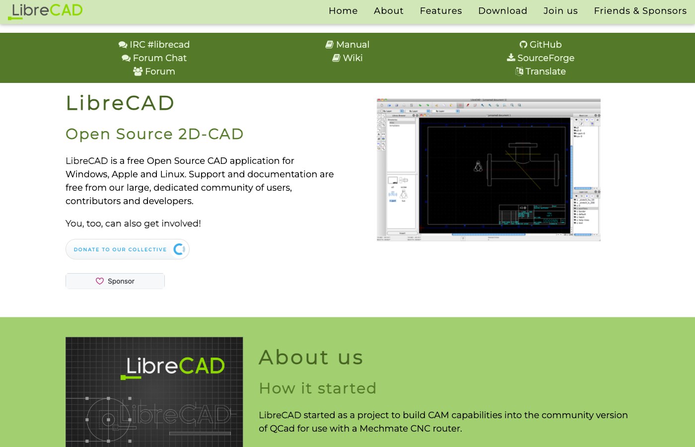 Главная страница LibreCAD: заголовок Open Source 2D-CAD и скриншот окна программы с открытым чертежом