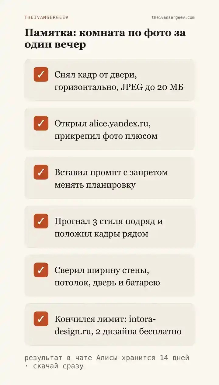 Памятка из семи шагов: снять кадр, открыть Алису, вставить промпт, сравнить стили, сверить замеры
