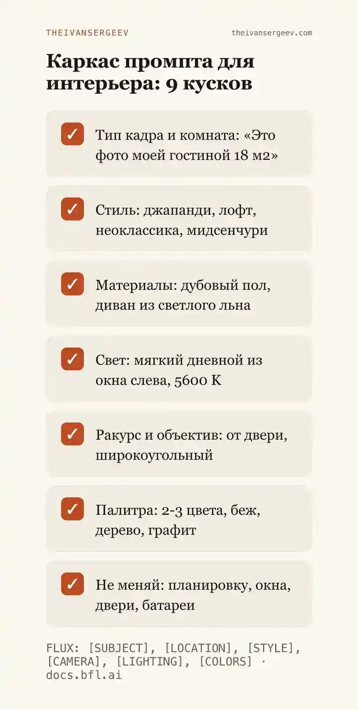 Каркас промпта для интерьера из девяти кусков с примерами значений и цитатами из документации моделей