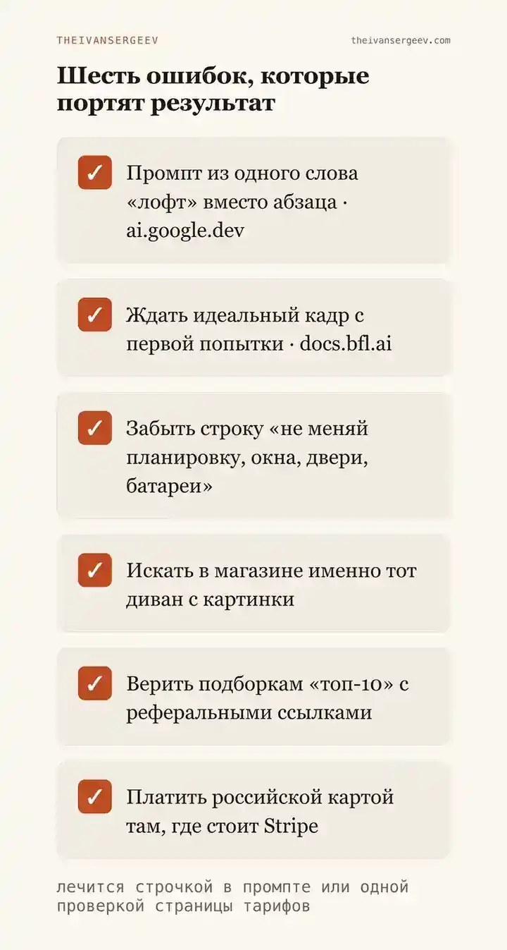 Шесть частых ошибок при работе с нейросетью для интерьера и короткое лечение каждой из них