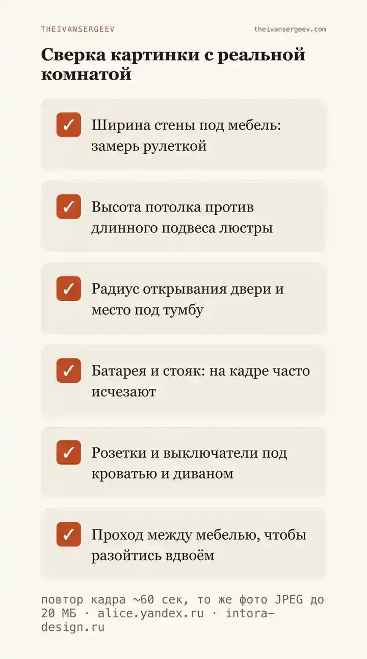 Памятка из шести замеров: стена, потолок, дверь, батарея, розетки и проход между мебелью