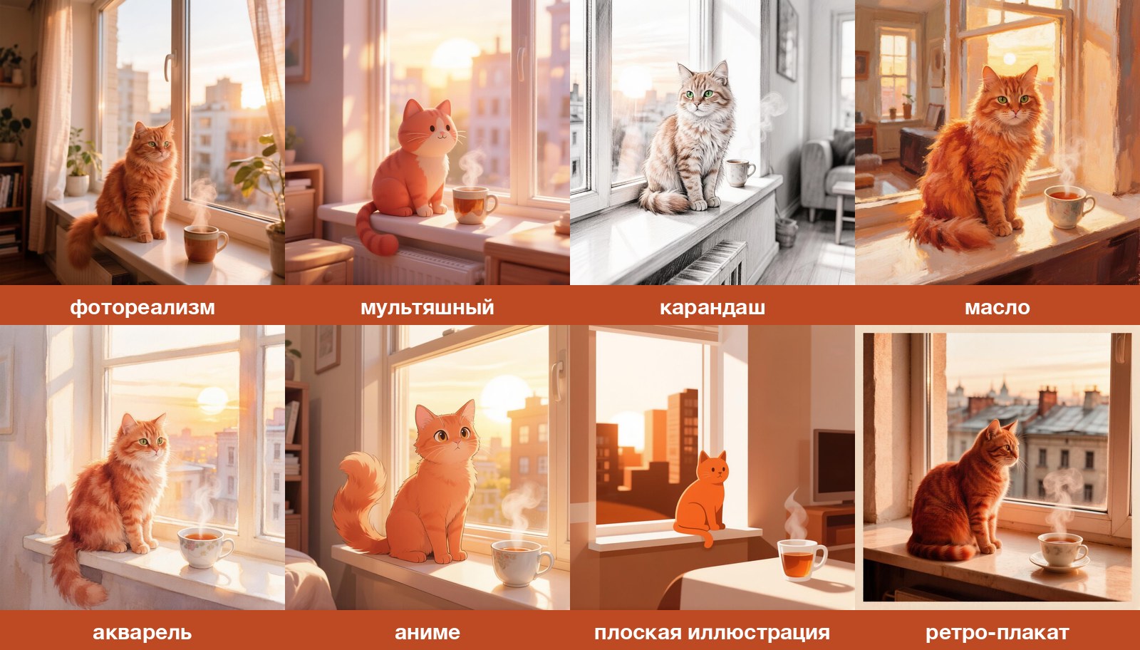Восемь картинок одной и той же сцены с котом на подоконнике, каждая в своём стиле, полученные в ГигаЧате