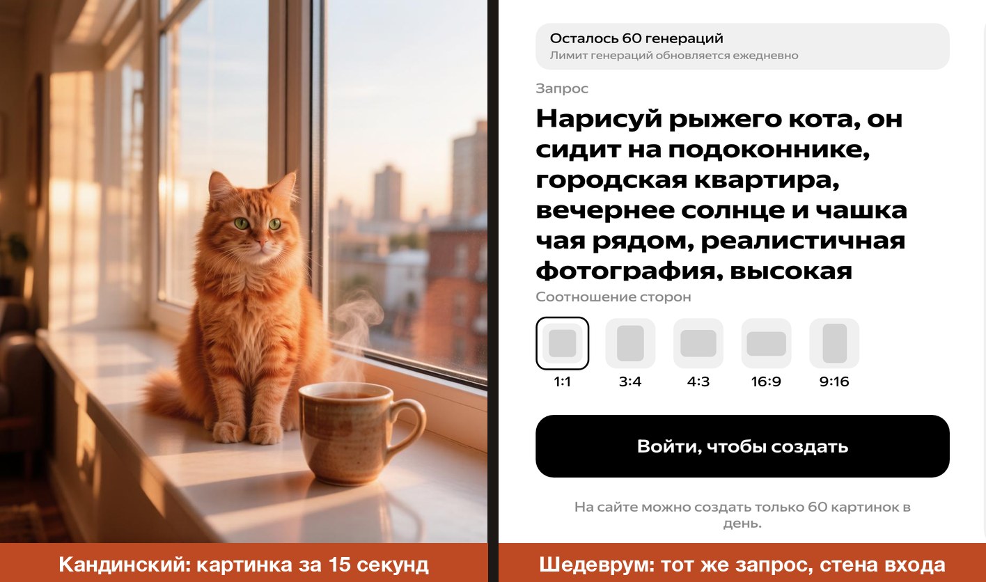 Слева картинка Кандинского, справа экран Шедеврума: плашка «Осталось 60 генераций» и кнопка «Войти, чтобы создать»