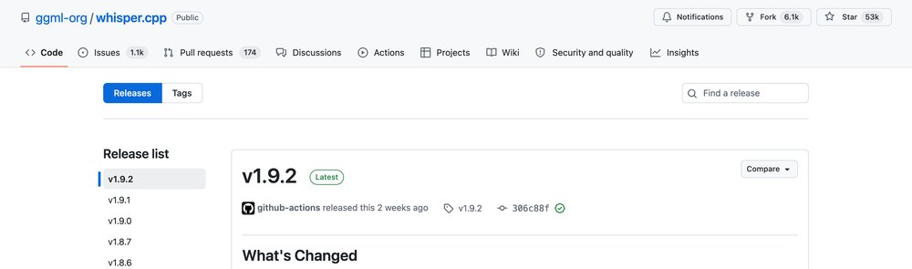 Страница релизов whisper.cpp на GitHub: выпуск v1.9.2 с меткой Latest, счётчики 53k звёзд и 6.1k форков