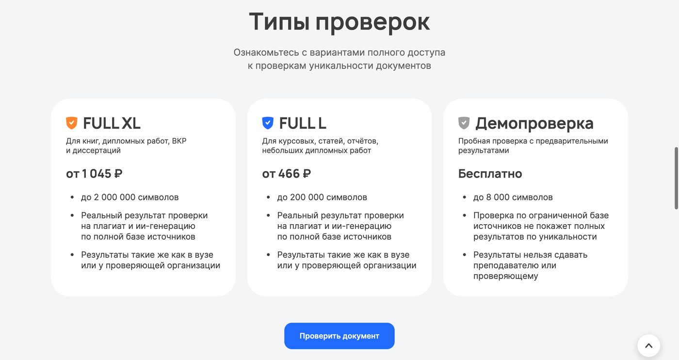Типы проверок Антиплагиата: FULL XL от 1 045 рублей, FULL L от 466 рублей и бесплатная Демопроверка до 8 000 символов