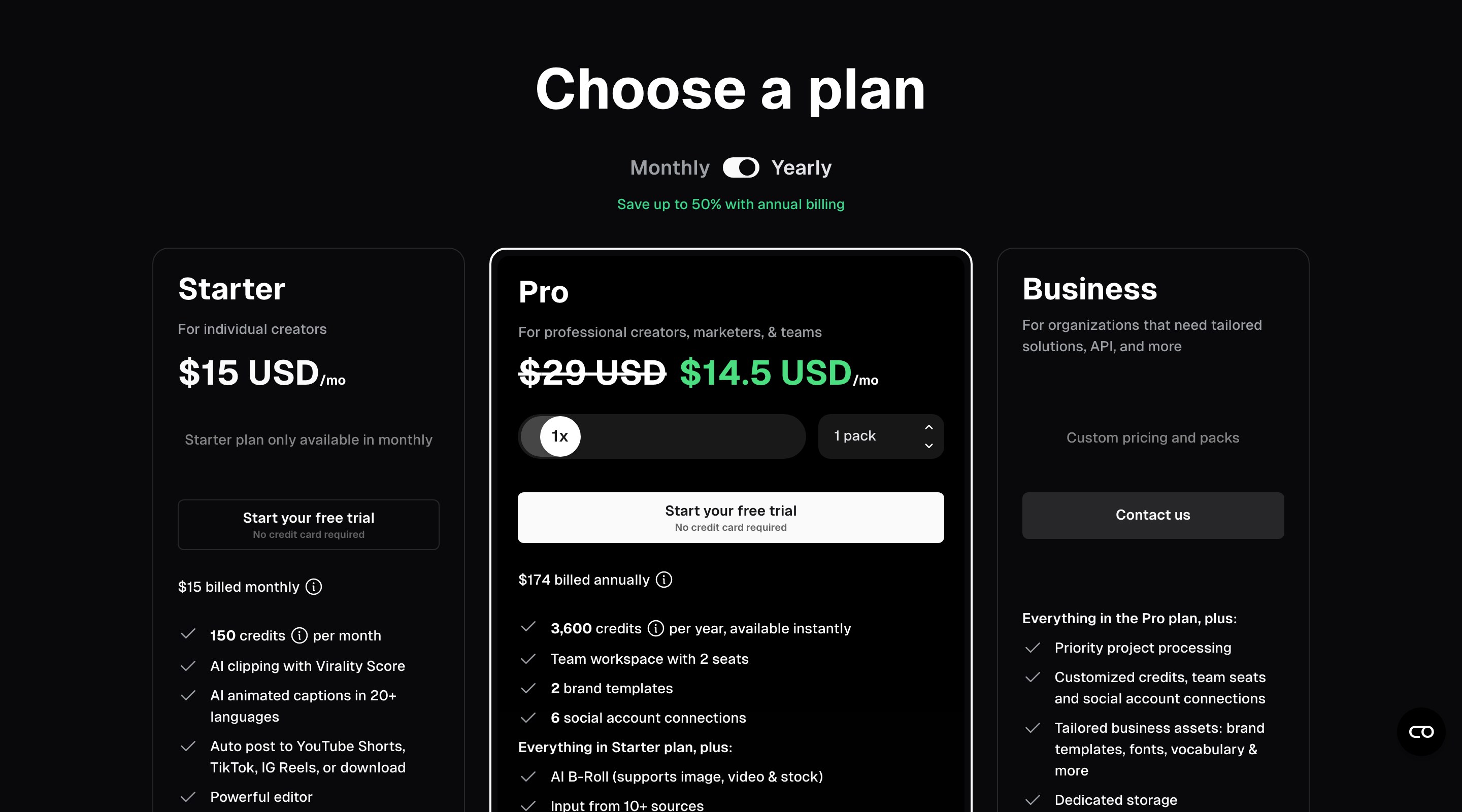 Тарифы Opus.pro: Starter 15, Pro 29 долларов в месяц и Business по запросу