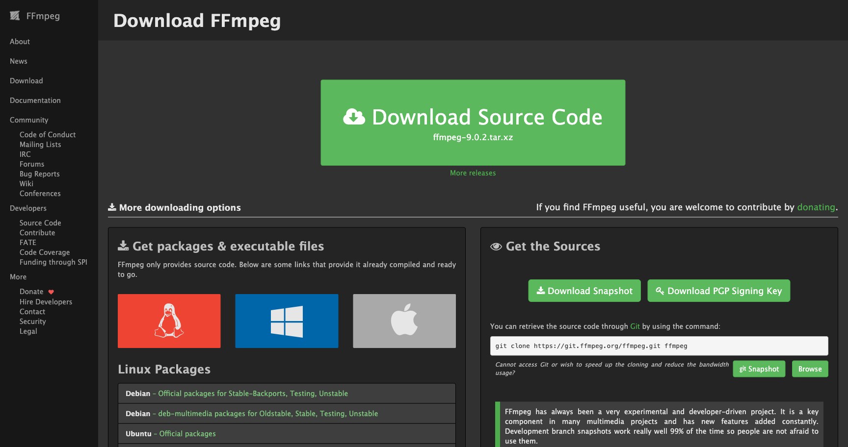 Кнопка Download Source Code, иконки Linux, Windows и macOS и команда git clone на сайте ffmpeg.org