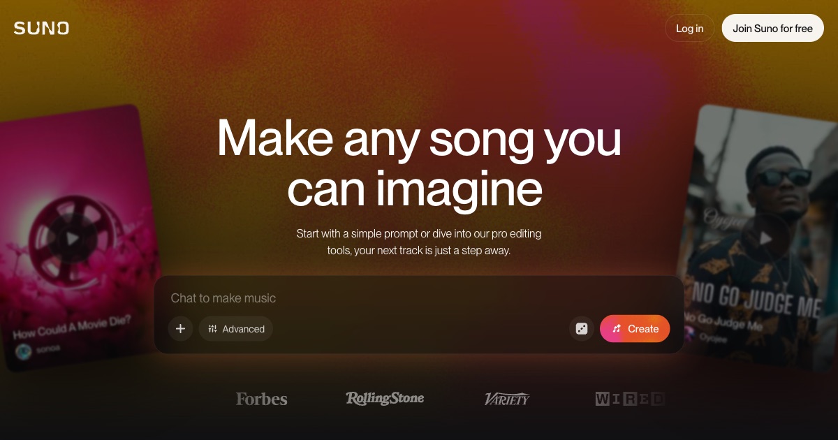 Главная страница Suno: заголовок Make any song you can imagine и поле ввода Chat to make music с кнопкой Create