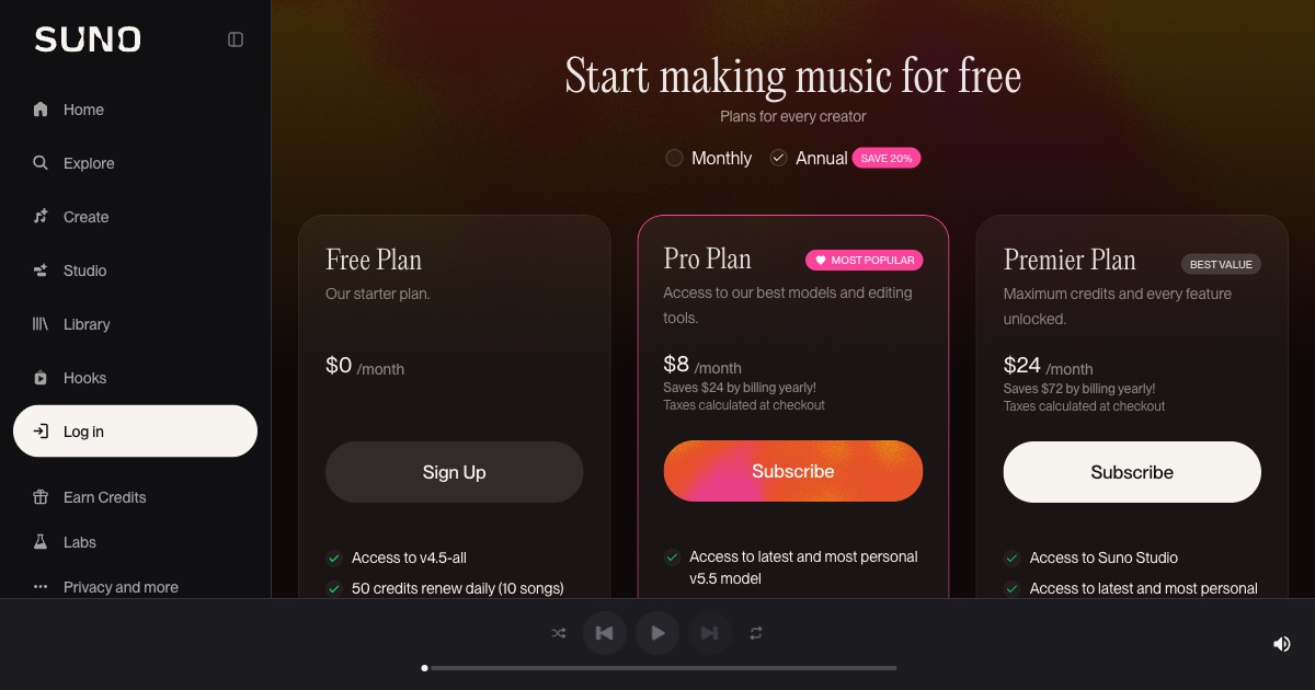 Тарифы Suno: карточки Free, Pro и Premier, цены ноль, восемь и двадцать четыре доллара в месяц при годовой оплате
