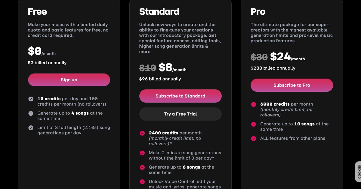 Карточки тарифов Udio: Free за ноль долларов, Standard за восемь и Pro за двадцать четыре доллара в месяц при годовой оплате
