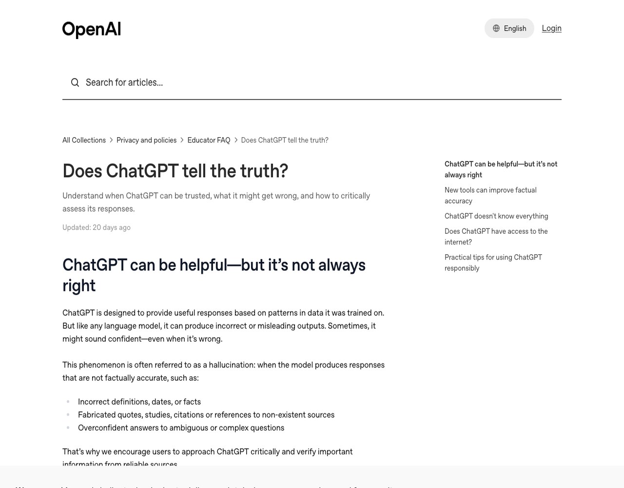 Официальный ответ OpenAI Help Center на вопрос, всегда ли ChatGPT говорит правду