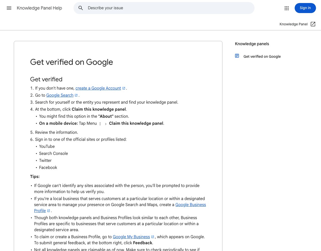 Официальная инструкция Google, как заявить права на свою карточку-панель в поисковой выдаче
