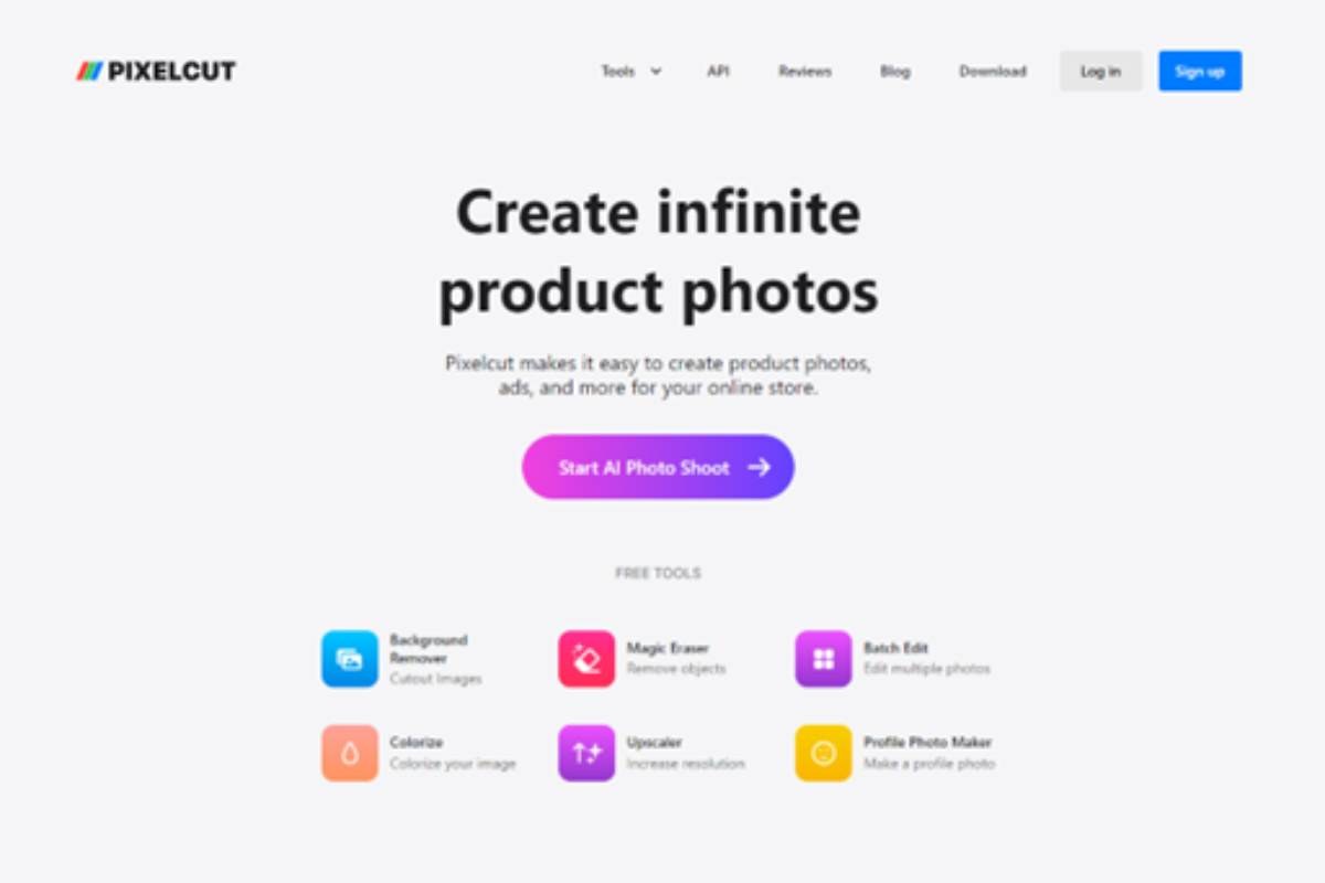 Реальный скрин главной страницы Pixelcut: бесплатные инструменты Background Remover и Magic Eraser