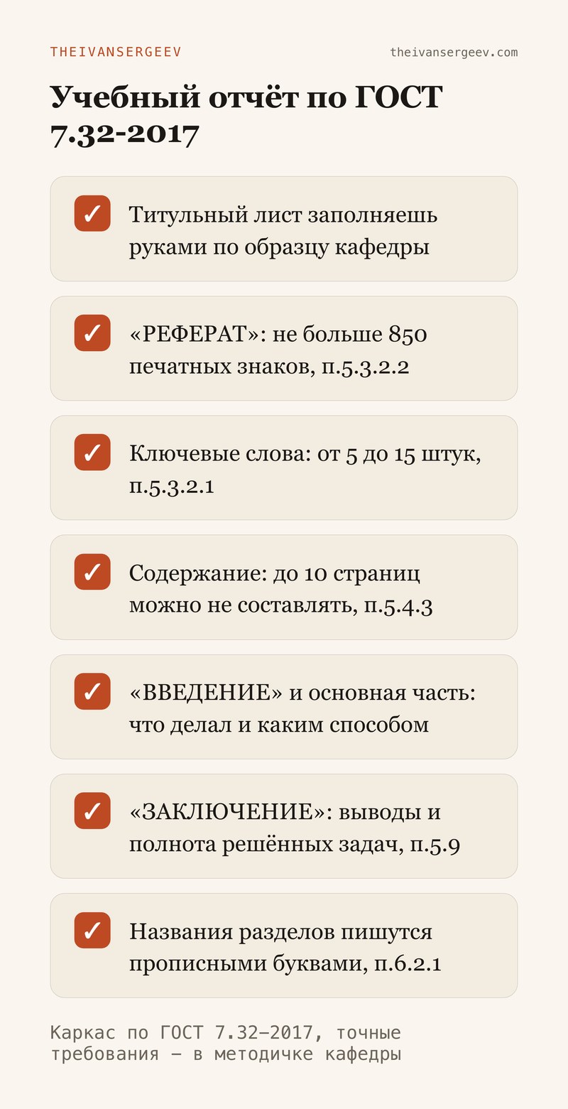Чек-лист структурных элементов учебного отчёта по ГОСТ 7.32-2017 с номерами пунктов