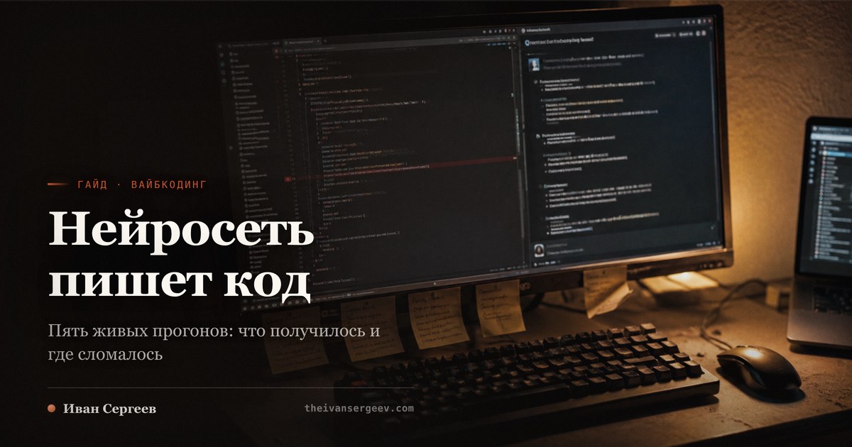 Монитор в тёмной комнате: слева редактор с кодом, справа диалог с ассистентом, на рамке монитора жёлтые стикеры