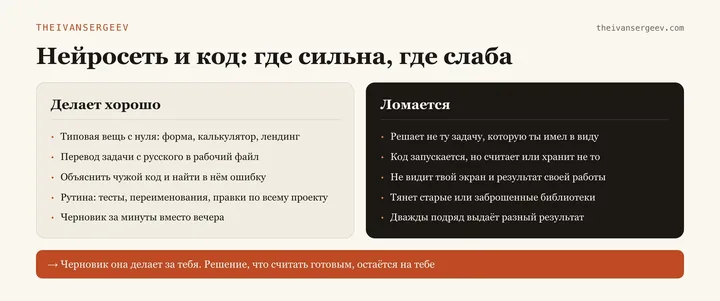Карточка-сравнение: пять сильных сторон нейросети в коде и пять мест, где она ломается