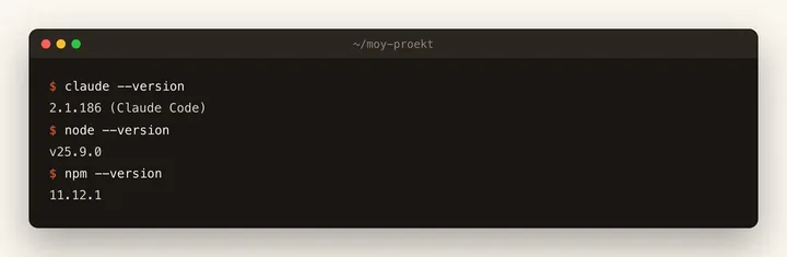 Терминал: команды claude, node и npm с версиями 2.1.186, v25.9.0 и 11.12.1
