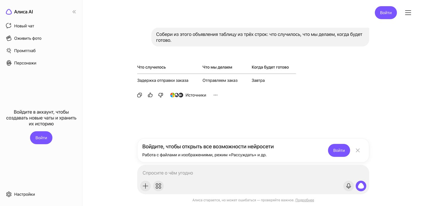 Ответ Алисы AI: из текста объявления собрана таблица со столбцами что случилось, что делаем и когда будет готово