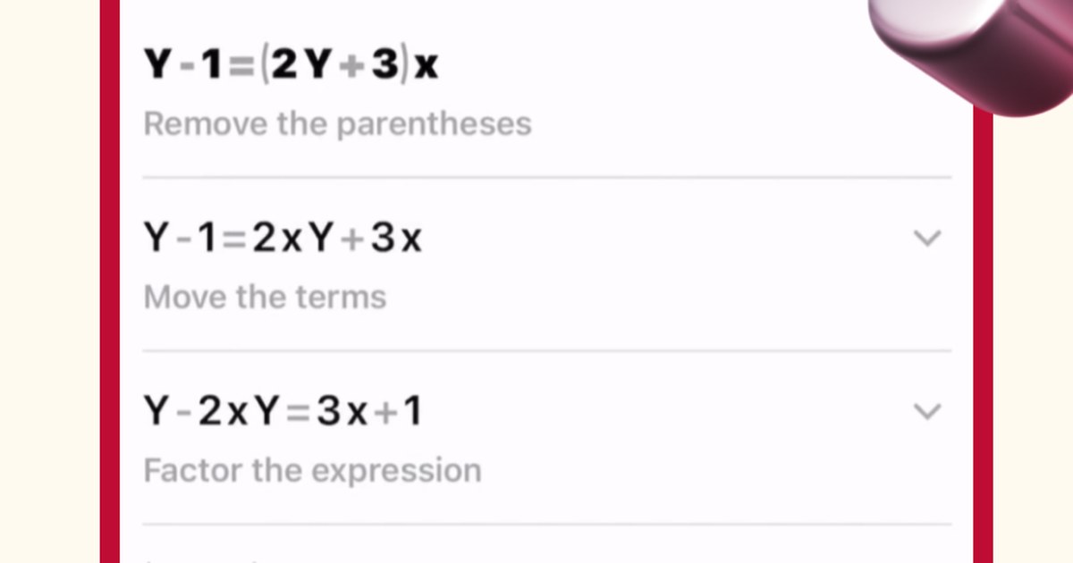 Photomath: экран Solving Steps с формулами Y-1=(2Y+3)x, Remove the parentheses, Move the terms, Factor the expression