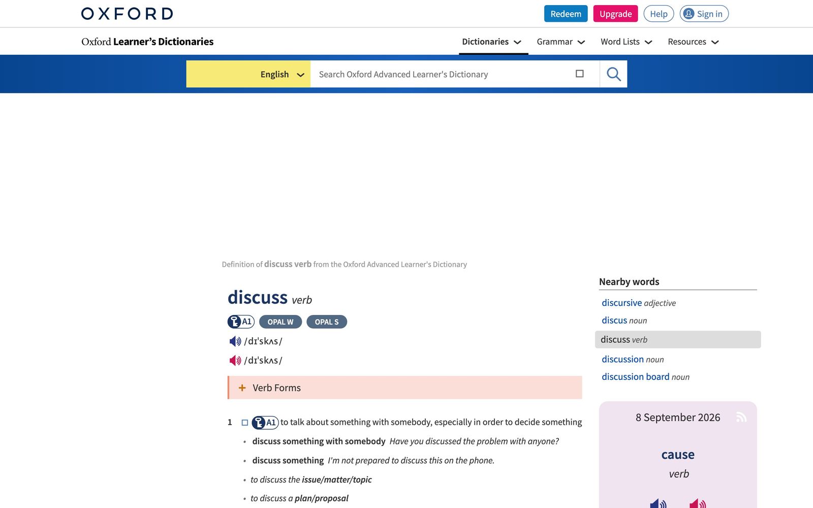Словарная страница discuss с транскрипцией и примерами употребления в Oxford Learner's Dictionaries