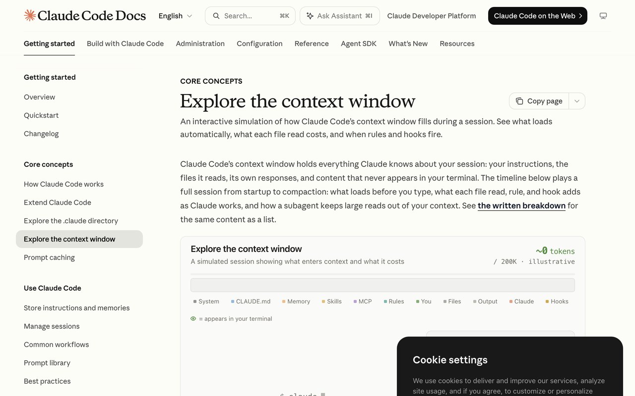 Официальная страница Claude Code Docs «Explore the context window», лимит окна 200K токенов