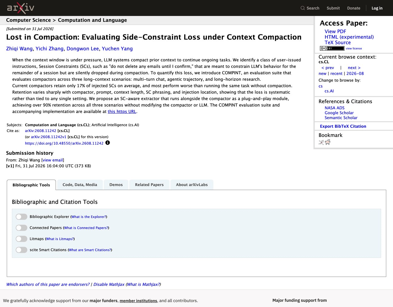 Страница arXiv с научной статьёй Lost in Compaction, видна цифра 17% удержания правил