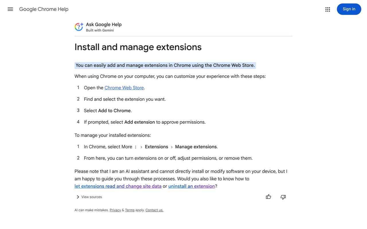 Официальная справка Google Chrome с шагами управления расширениями: Extensions, Manage extensions, включение и отключение