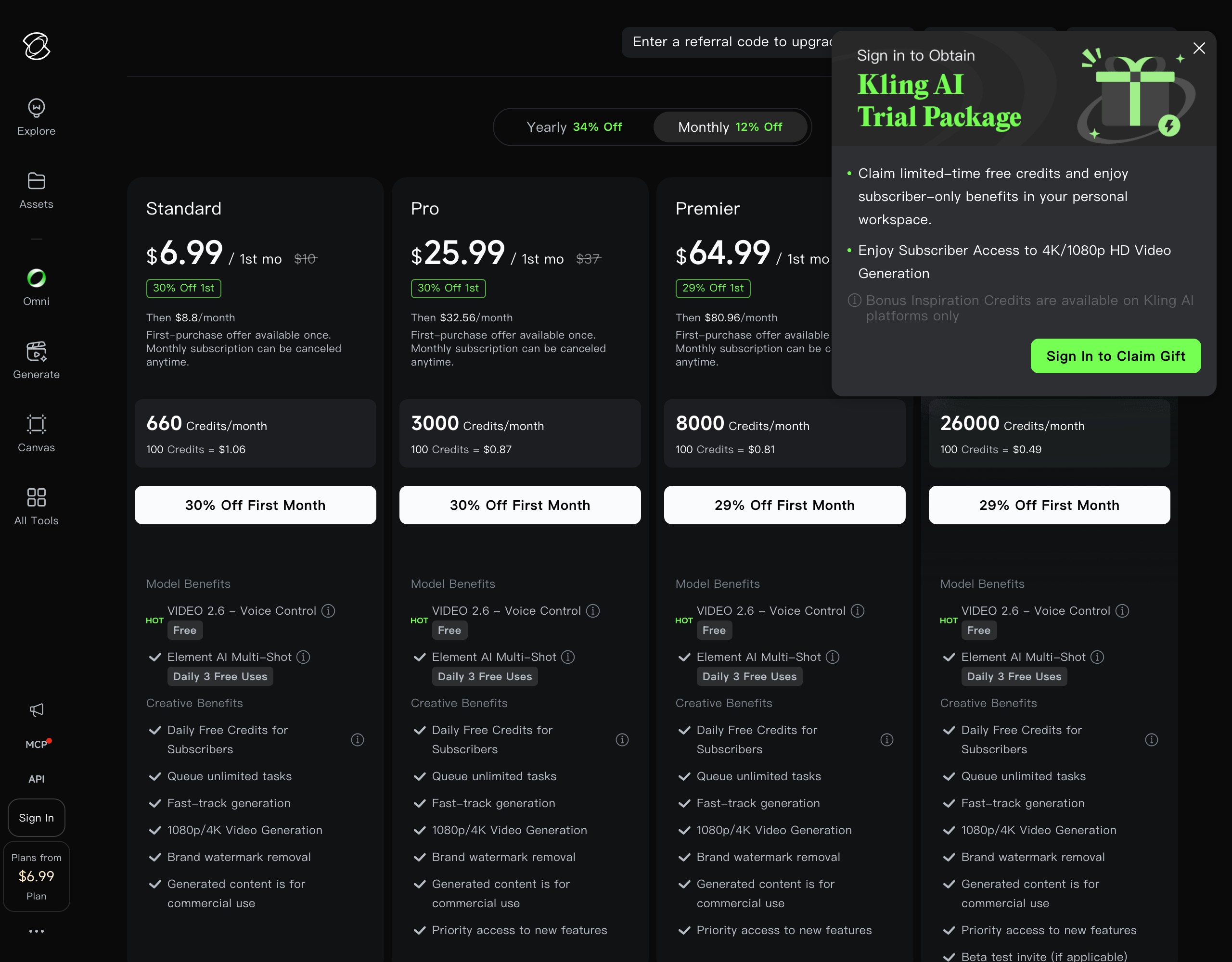Официальная страница тарифов Kling AI с четырьмя планами и ценой сотни кредитов у каждого